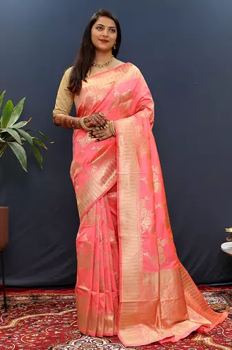 Light pink banarasi silk blend saree with gold zari floral weaving & rich border