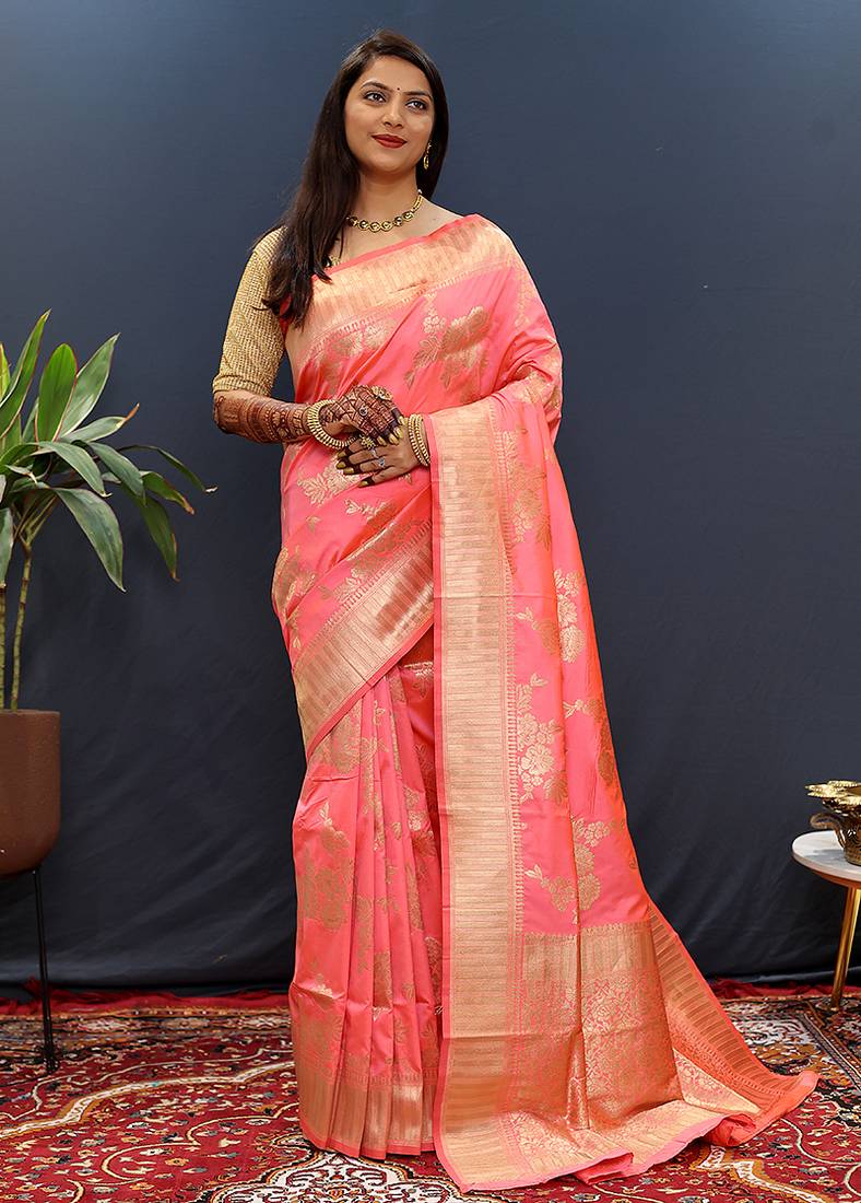Light pink banarasi silk blend saree with gold zari floral weaving & rich border