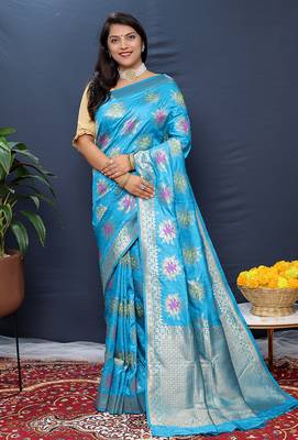Sky blue banarasi silk blend saree with  zari floral buta work 1