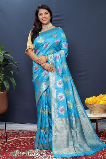 Sky blue banarasi silk blend saree with  zari floral buta work