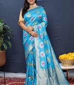 Sky blue banarasi silk blend saree with  zari floral buta work