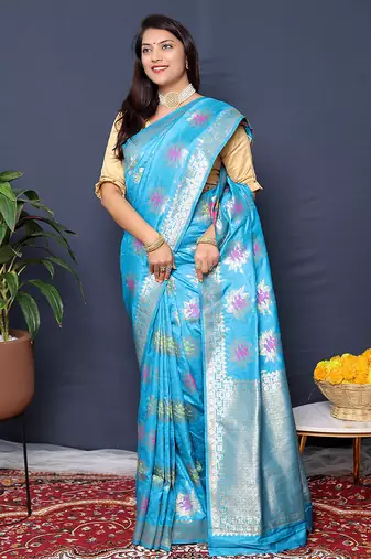Sky blue banarasi silk blend saree with  zari floral buta work