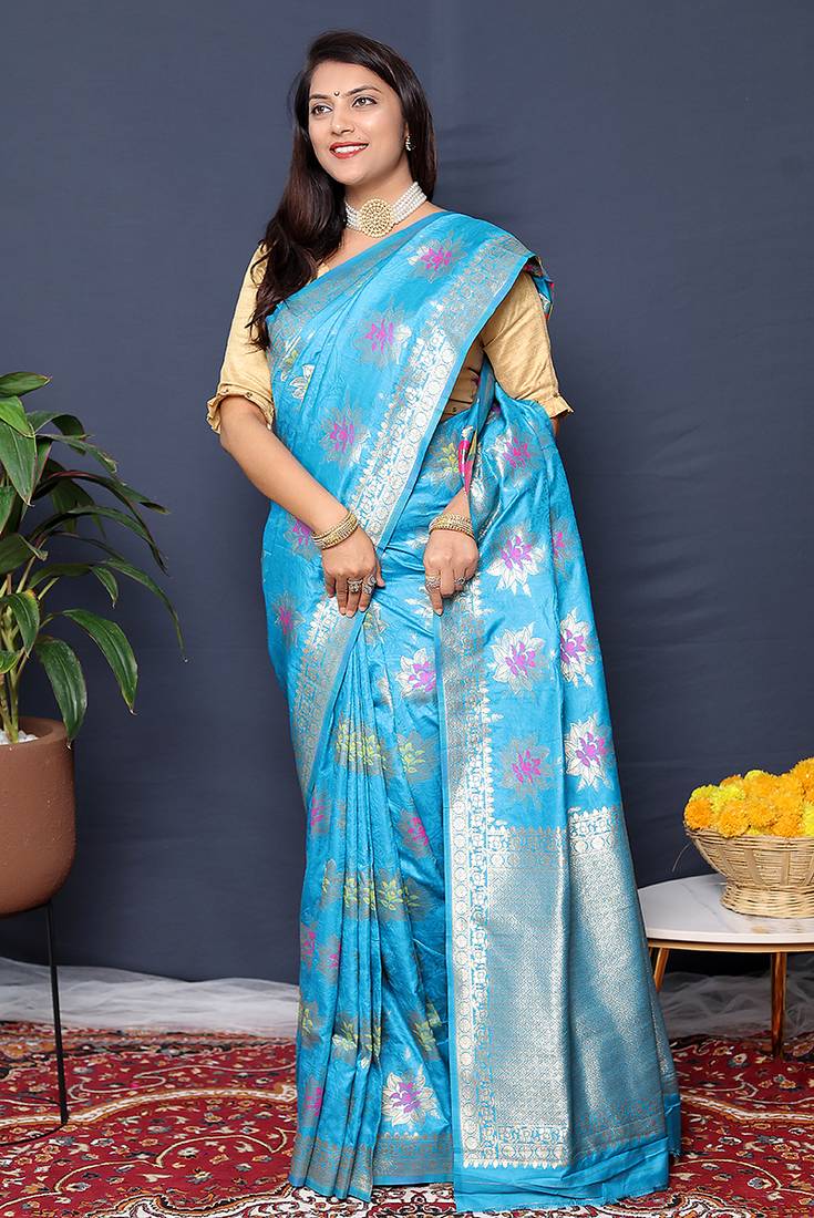 Sky blue banarasi silk blend saree with  zari floral buta work