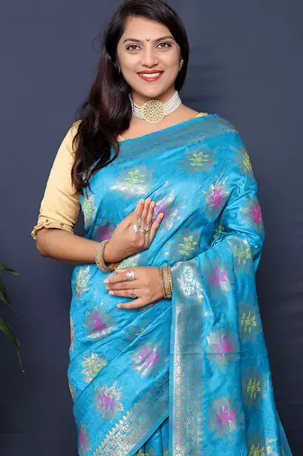 Sky blue banarasi silk blend saree with  zari floral buta work