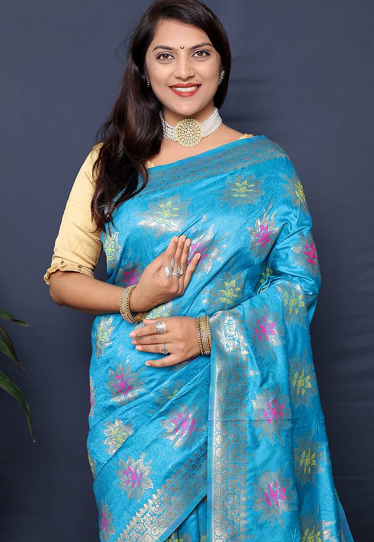Sky blue banarasi silk blend saree with  zari floral buta work
