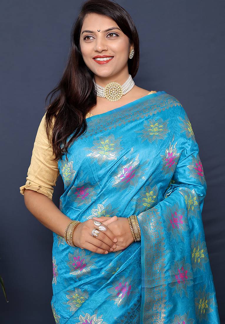 Sky blue banarasi silk blend saree with  zari floral buta work