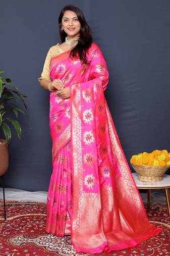 Rani pink banarasi silk blend saree with  zari floral buta work