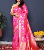 Rani pink banarasi silk blend saree with  zari floral buta work