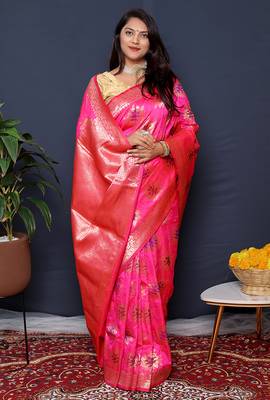 Rani pink banarasi silk blend saree with  zari floral buta work 2