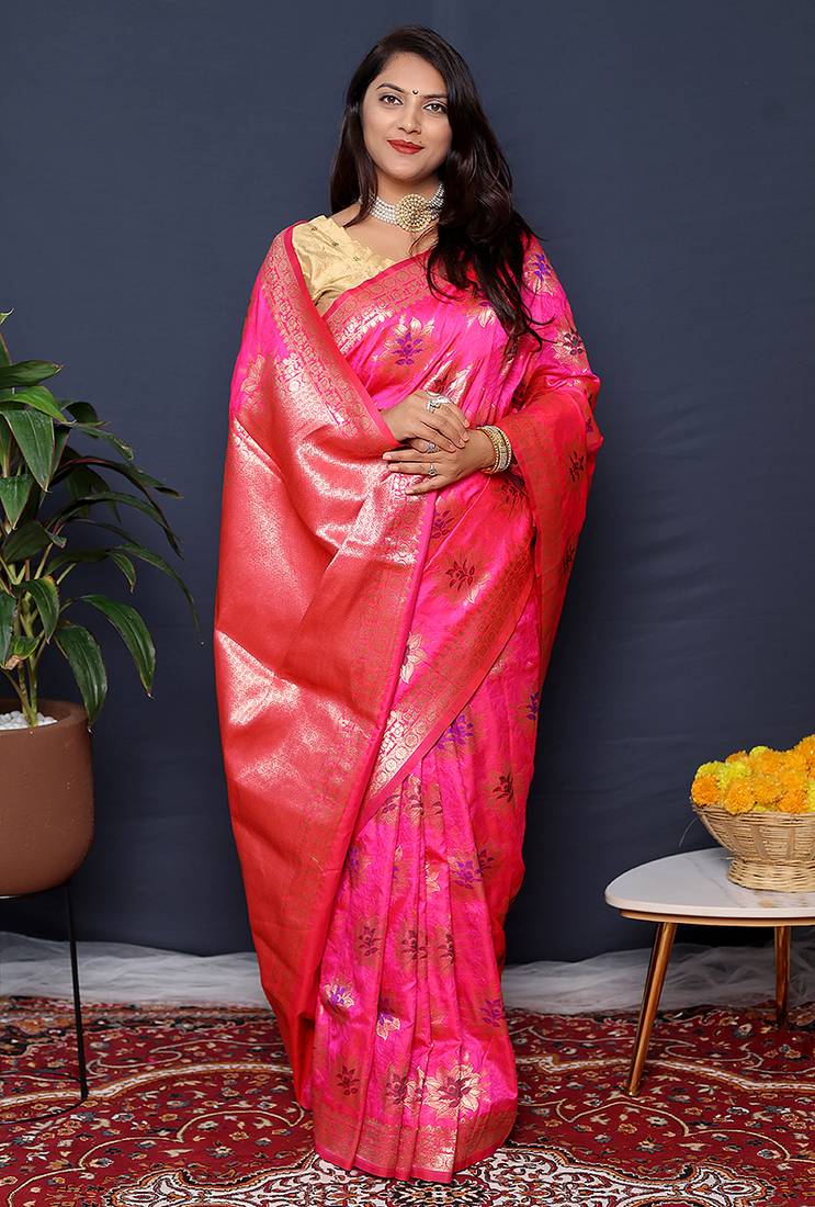 Rani pink banarasi silk blend saree with  zari floral buta work