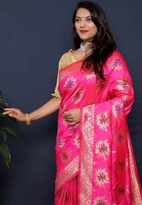 Rani pink banarasi silk blend saree with  zari floral buta work 3