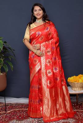Red banarasi silk blend saree with  zari floral buta work 1