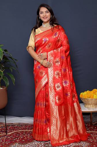 Red banarasi silk blend saree with  zari floral buta work