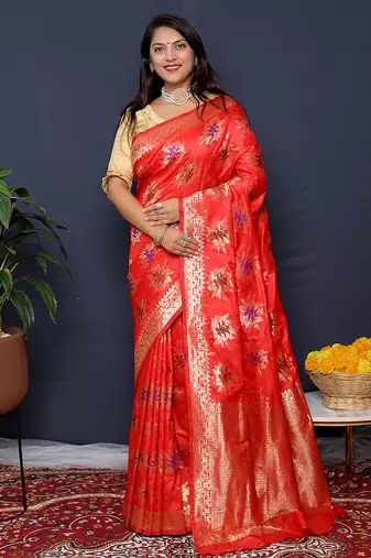 Red banarasi silk blend saree with  zari floral buta work