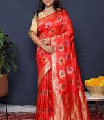Red banarasi silk blend saree with  zari floral buta work