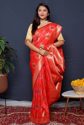 Red banarasi silk blend saree with  zari floral buta work 2