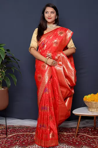 Red banarasi silk blend saree with  zari floral buta work