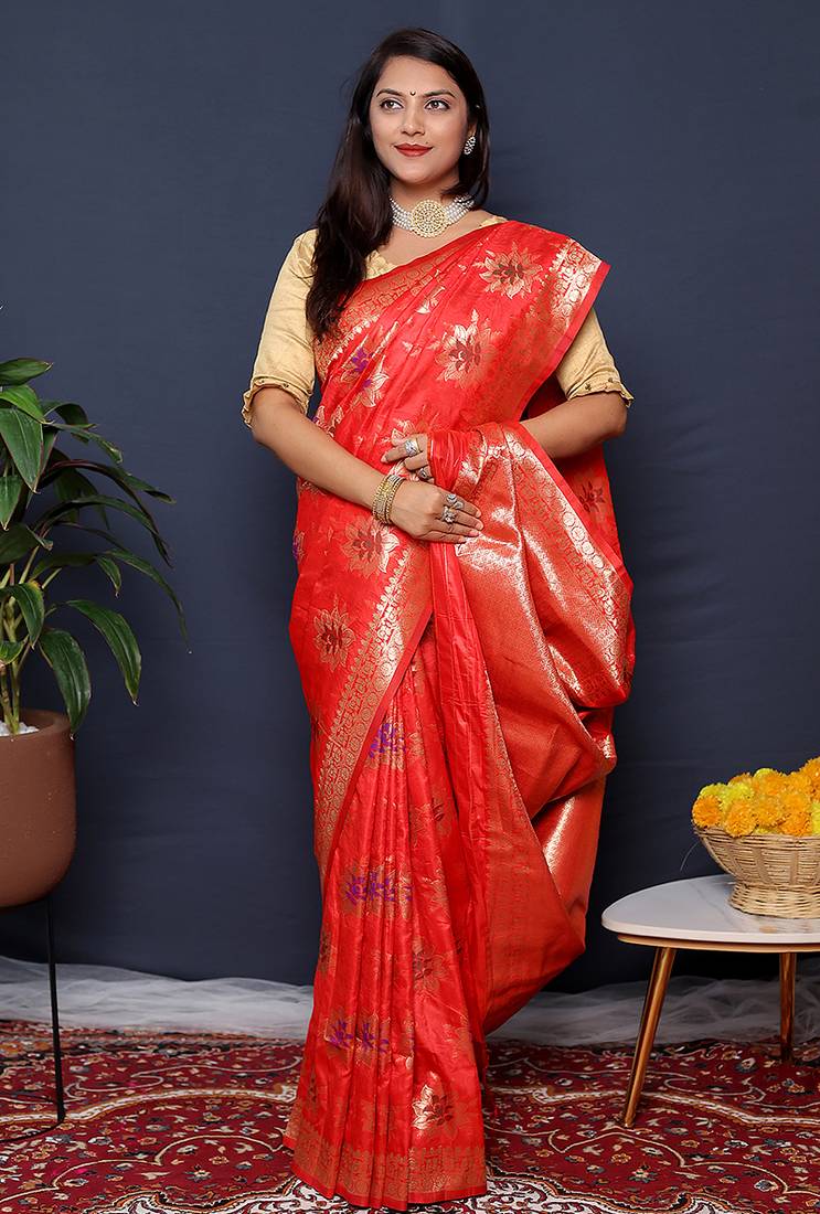 Red banarasi silk blend saree with  zari floral buta work