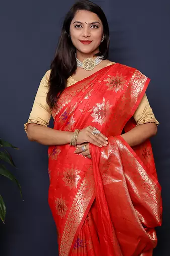 Red banarasi silk blend saree with  zari floral buta work