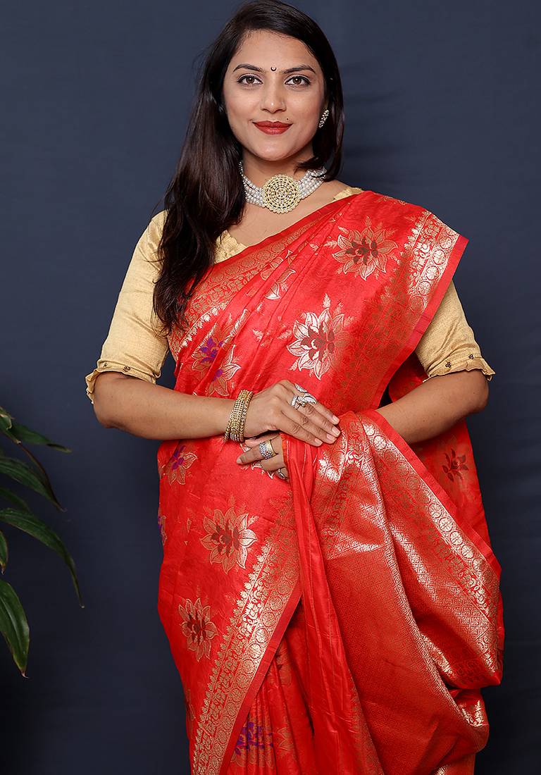 Red banarasi silk blend saree with  zari floral buta work