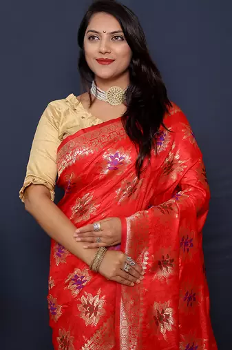 Red banarasi silk blend saree with  zari floral buta work