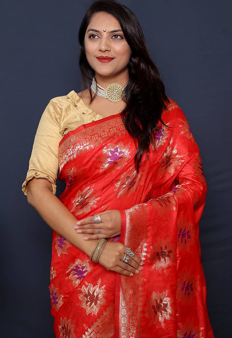 Red banarasi silk blend saree with  zari floral buta work