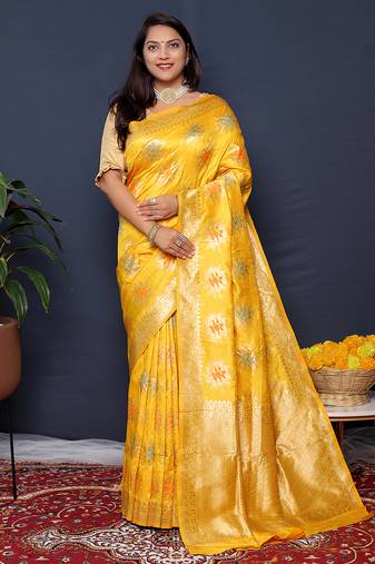 Mustard yellow banarasi silk blend saree with  zari floral buta work