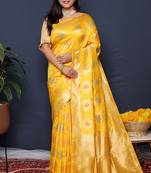 Mustard yellow banarasi silk blend saree with  zari floral buta work