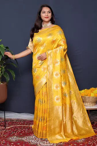 Mustard yellow banarasi silk blend saree with  zari floral buta work
