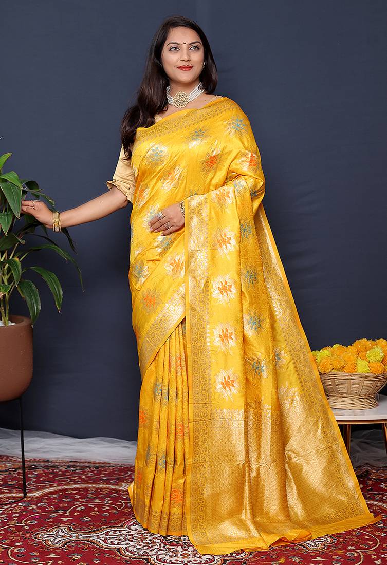 Mustard yellow banarasi silk blend saree with  zari floral buta work