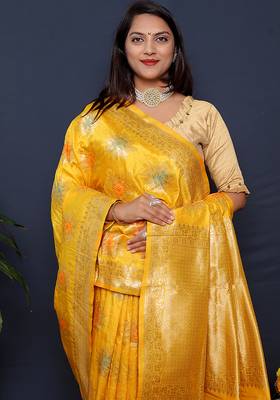 Mustard yellow banarasi silk blend saree with  zari floral buta work 3