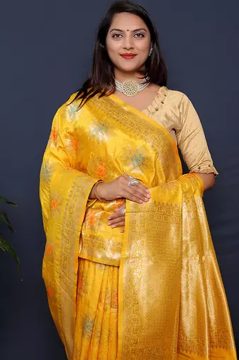 Mustard yellow banarasi silk blend saree with  zari floral buta work