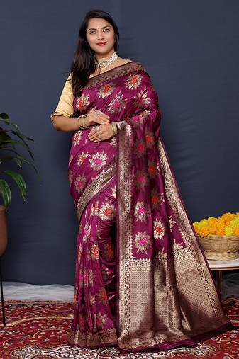 Wine purple  banarasi silk blend saree with  zari floral buta work