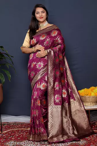 Wine purple  banarasi silk blend saree with  zari floral buta work