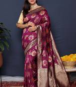 Wine purple  banarasi silk blend saree with  zari floral buta work