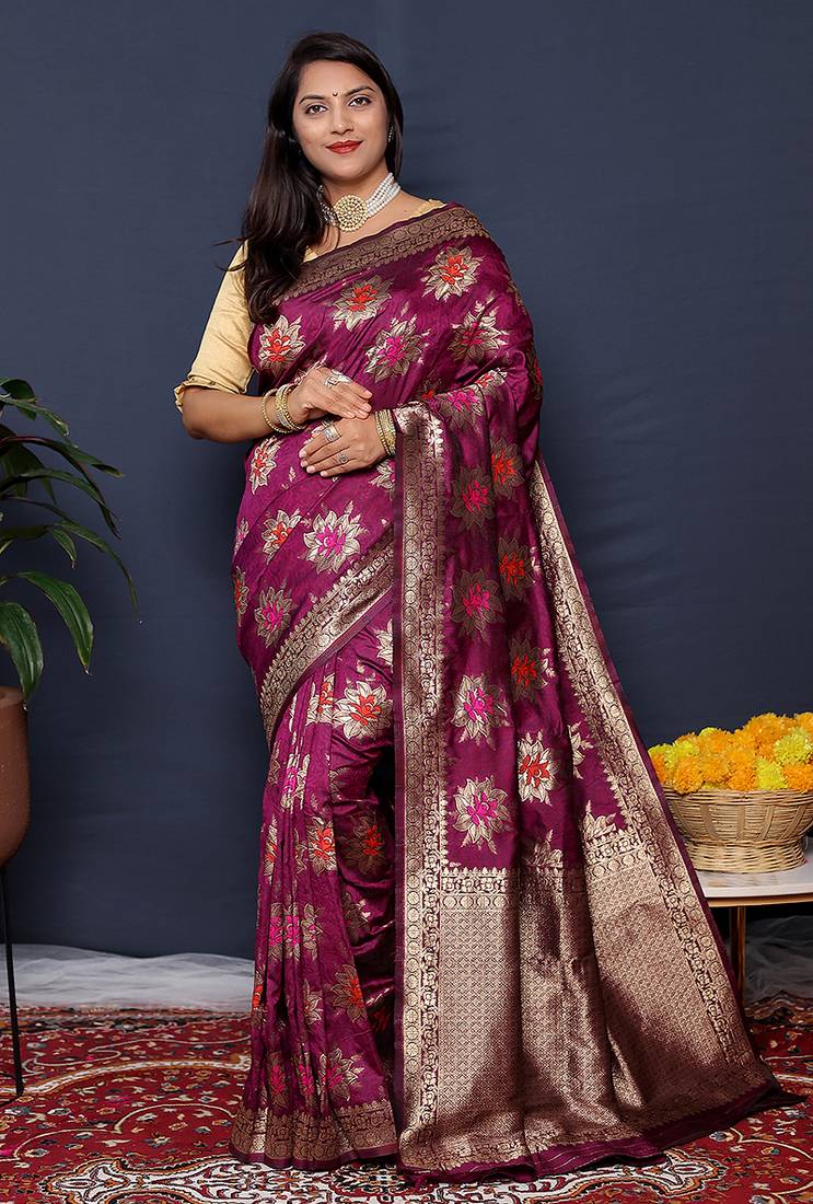 Wine purple  banarasi silk blend saree with  zari floral buta work