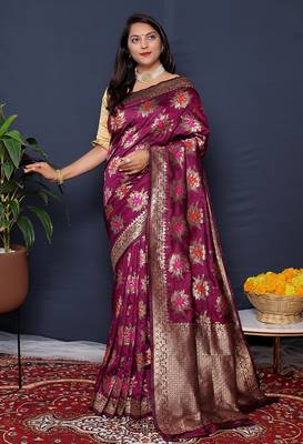 Wine purple  banarasi silk blend saree with  zari floral buta work 2