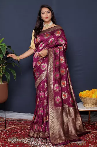 Wine purple  banarasi silk blend saree with  zari floral buta work