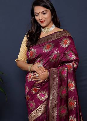 Wine purple  banarasi silk blend saree with  zari floral buta work 3