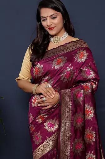 Wine purple  banarasi silk blend saree with  zari floral buta work