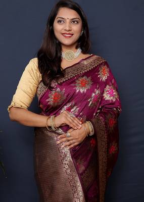 Wine purple  banarasi silk blend saree with  zari floral buta work 4