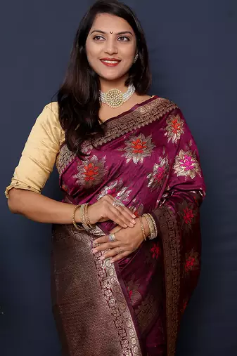 Wine purple  banarasi silk blend saree with  zari floral buta work