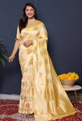 Cream banarasi silk blend saree with  zari floral buta work 1