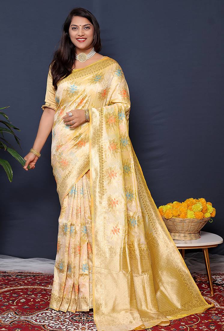 Cream banarasi silk blend saree with  zari floral buta work