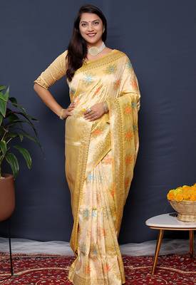 Cream banarasi silk blend saree with  zari floral buta work 2