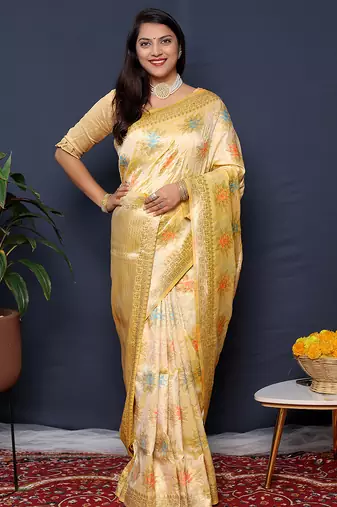 Cream banarasi silk blend saree with  zari floral buta work