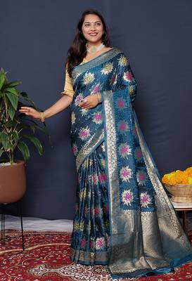 Teal blue banarasi silk blend saree with  zari floral buta work 1