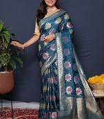 Teal blue banarasi silk blend saree with  zari floral buta work