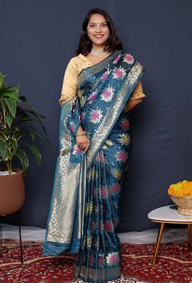 Teal blue banarasi silk blend saree with  zari floral buta work 2