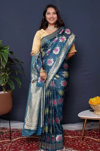 Teal blue banarasi silk blend saree with  zari floral buta work